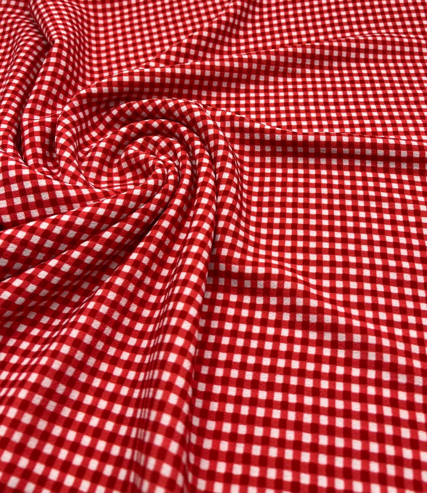 Red Gingham Check Print Lightweight Bubble Crepe Fabric - T9 Fabrics